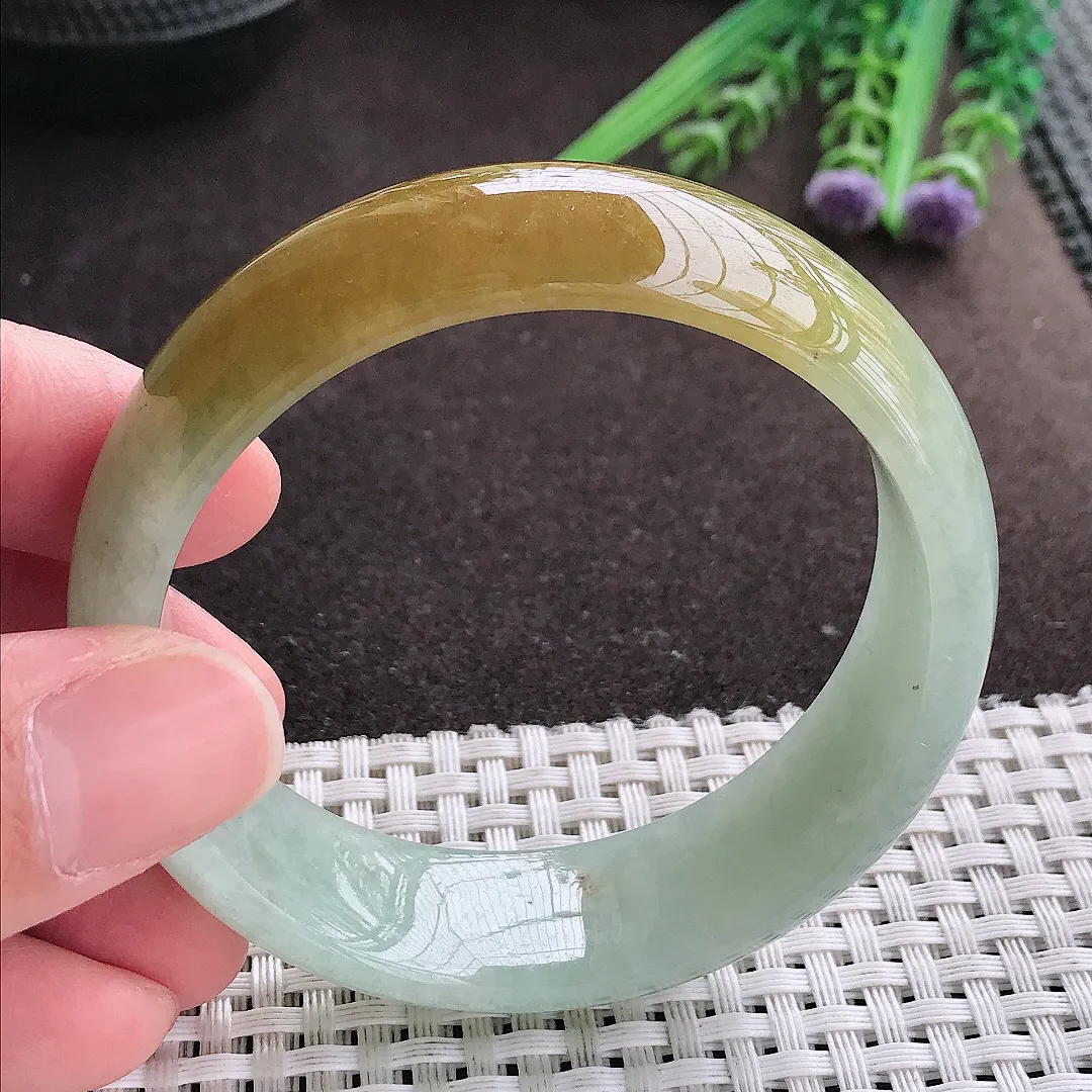 实拍A货翡翠55/17.5/7.1老坑精美特色黄翡轮胎手镯宽边玉镯