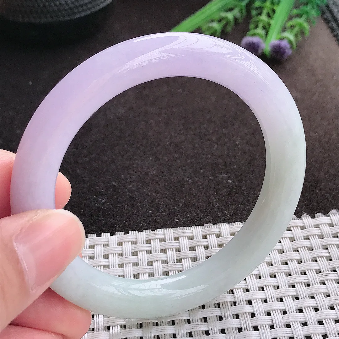 实拍A货翡翠53.8/9.1/9.6老坑秀气冰润紫罗兰圆条手镯翡翠玉镯