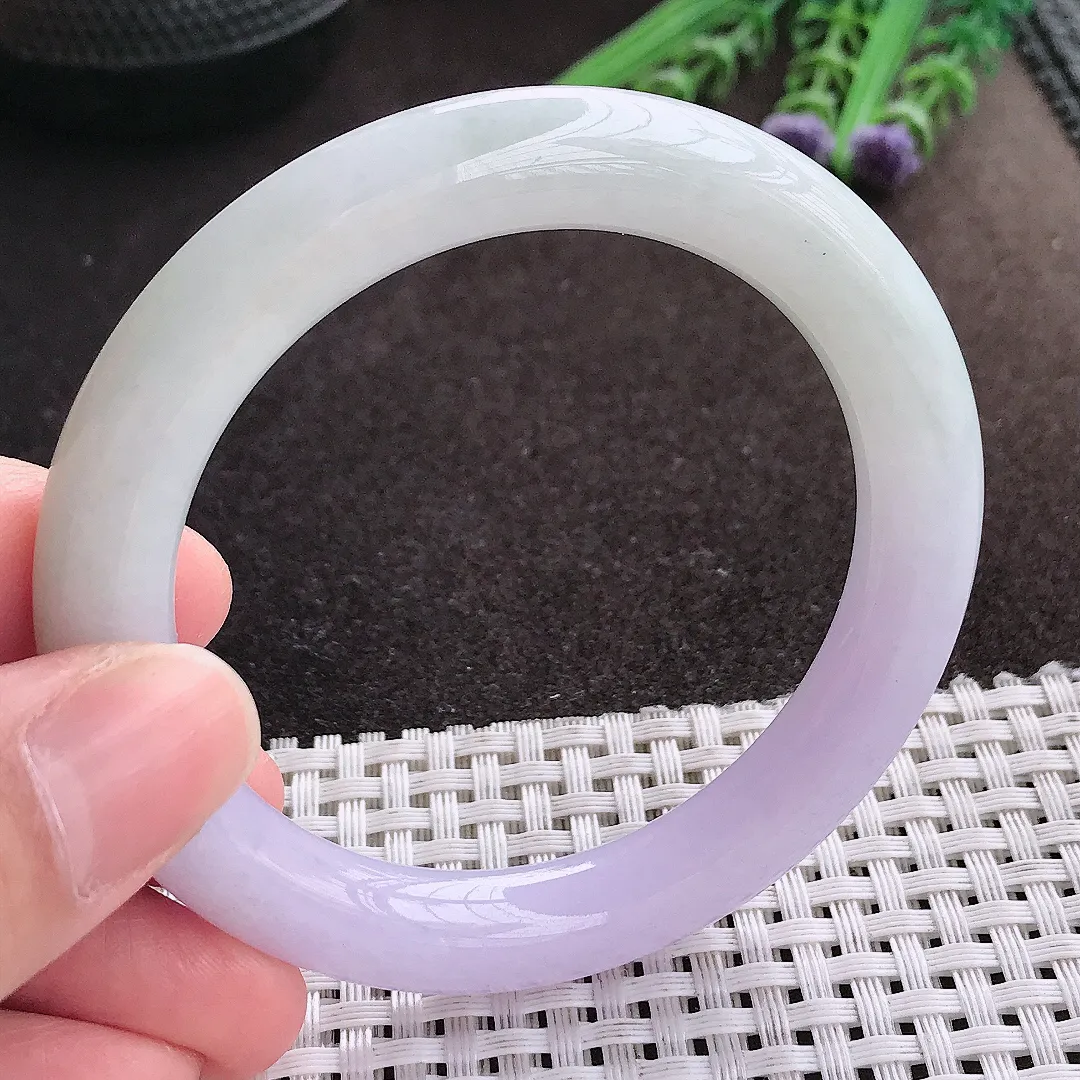 实拍A货翡翠53.8/9.1/9.6老坑秀气冰润紫罗兰圆条手镯翡翠玉镯