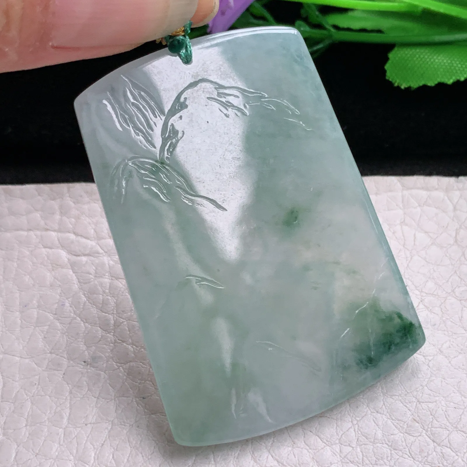 yn实拍55.5*39*5.2缅甸翡翠精雕冰飘花山水 大好河山玉吊坠 玉挂坠