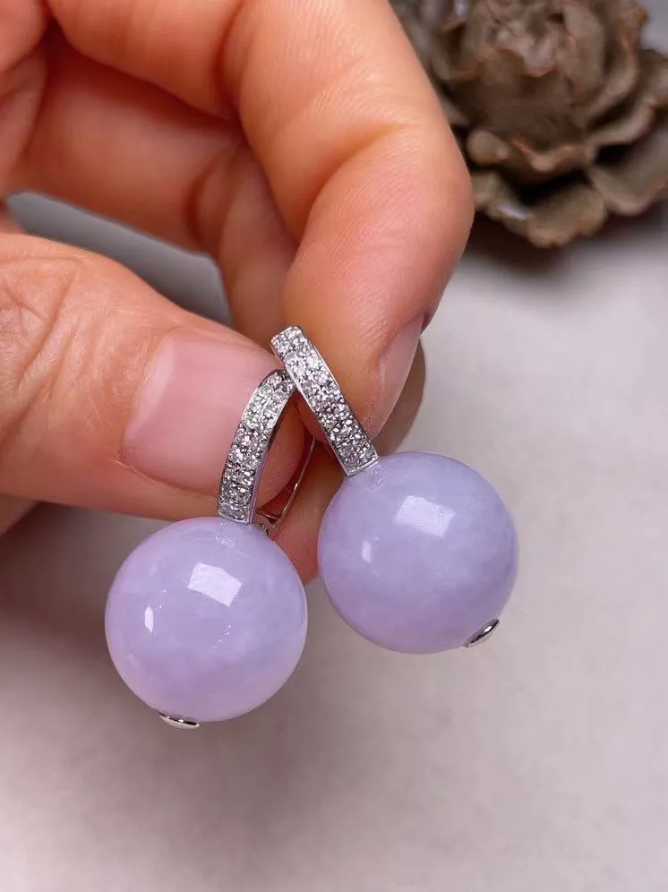 冰糯种紫罗兰圆珠耳坠、真金真钻镶嵌，种水好，玉质细腻 .裸石尺寸 14.5