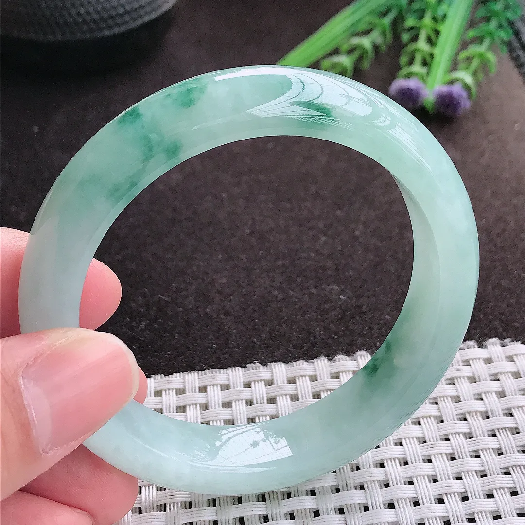 实拍A货翡翠54.8/12.9/8.5老坑冰胶果冻冰飘花手镯宽边玉镯