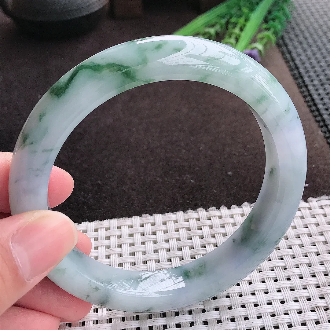 实拍A货翡翠63.5/12.5/9.8大圈口老坑冰润飘花手镯宽边玉镯