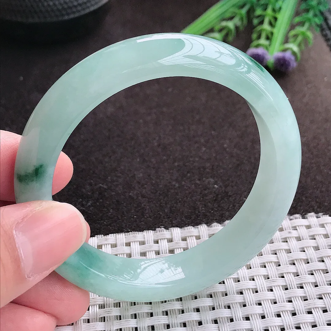 实拍A货翡翠54.8/12.9/8.5老坑冰胶果冻冰飘花手镯宽边玉镯