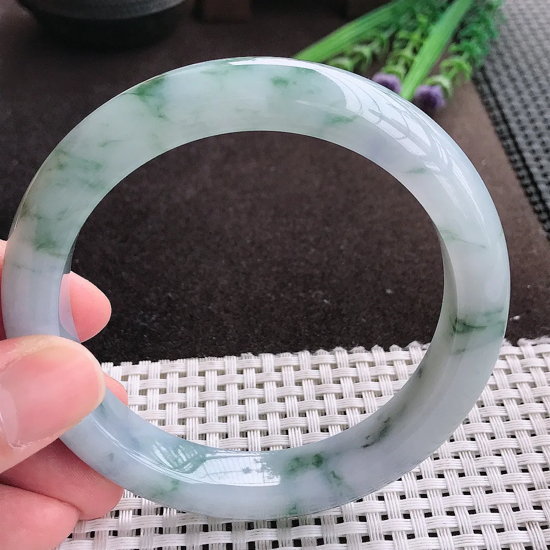 实拍A货翡翠63.5/12.5/9.8大圈口老坑冰润飘花手镯宽边玉镯