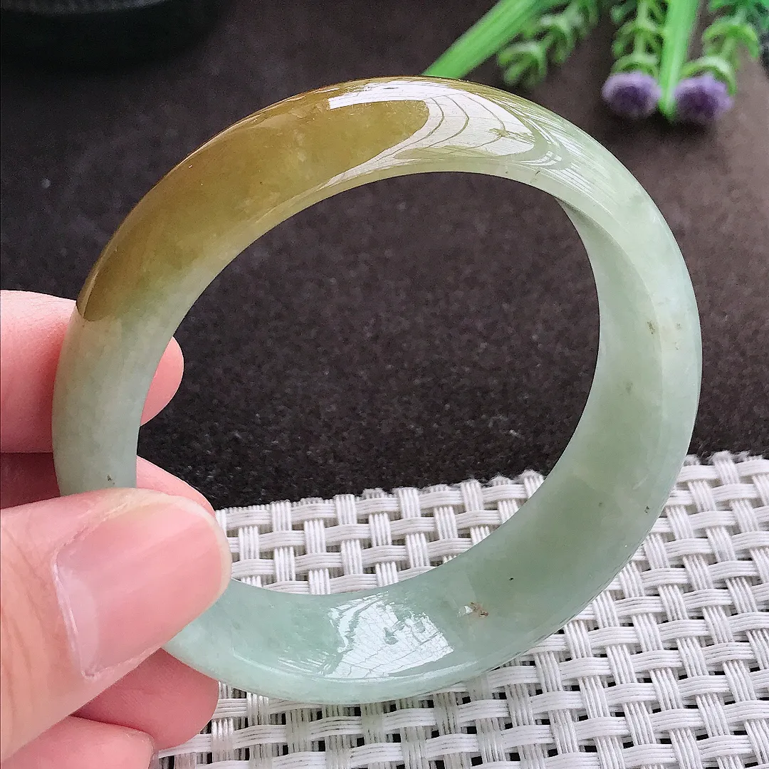 实拍A货翡翠55/17.5/7.1老坑精美特色黄翡轮胎手镯宽边玉镯