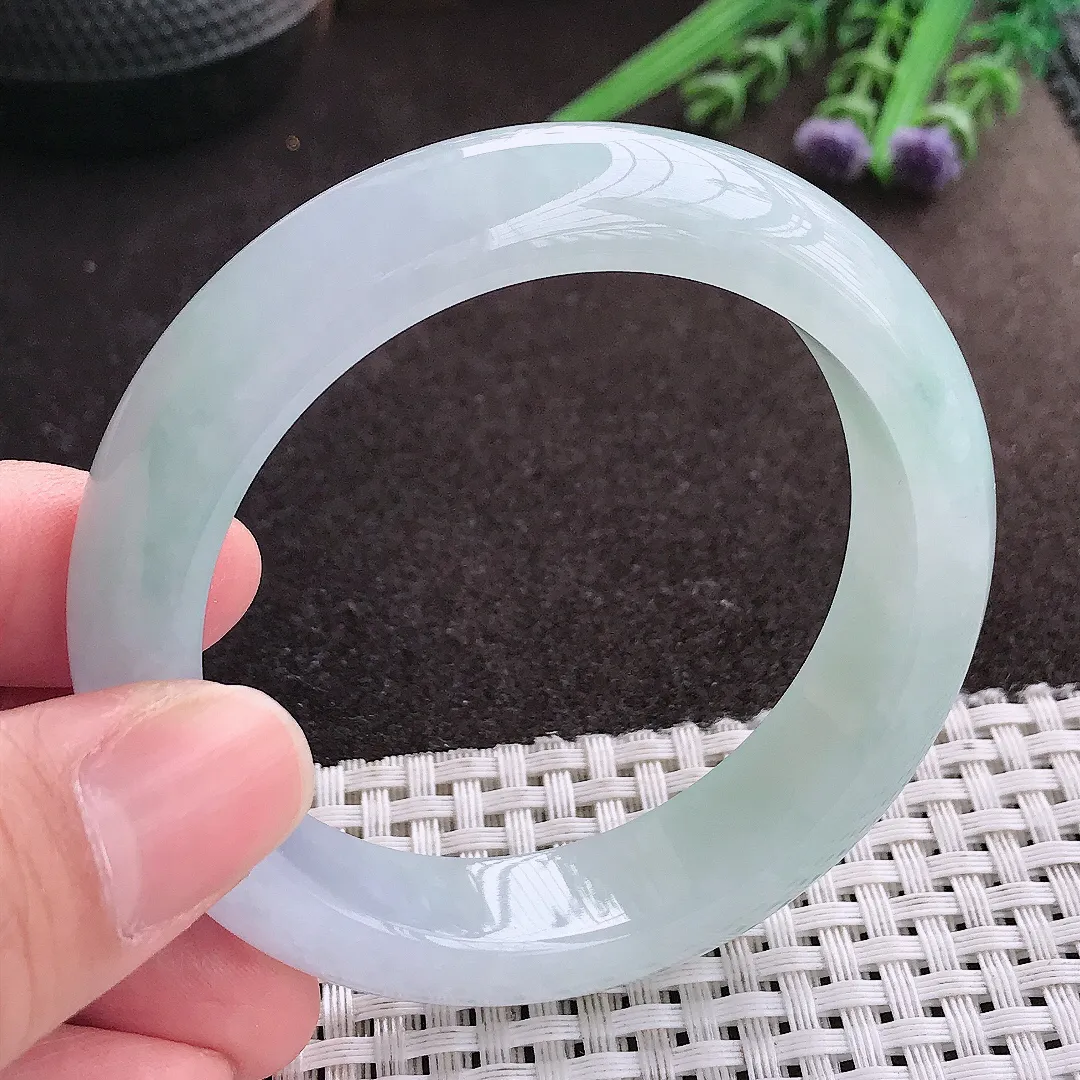 实拍A货翡翠54/13.7/8.7老坑冰胶果冻冰飘花手镯宽边玉镯