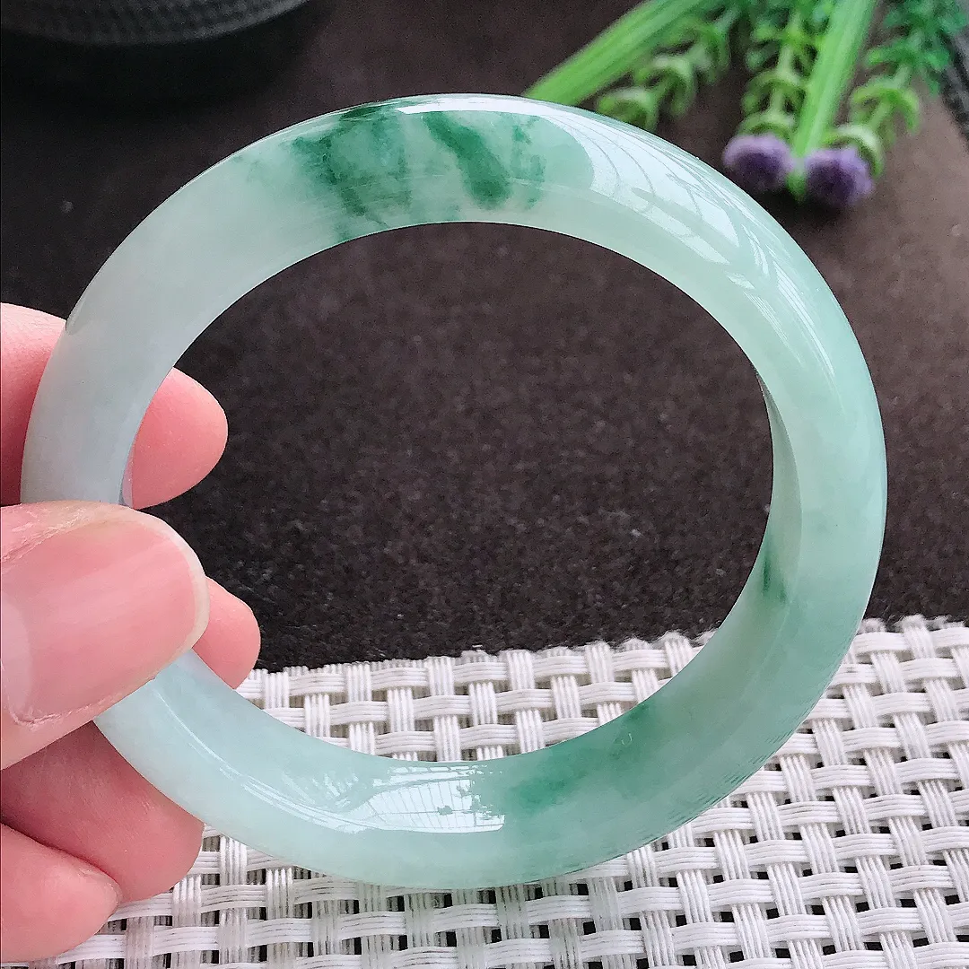 实拍A货翡翠54.8/12.9/8.5老坑冰胶果冻冰飘花手镯宽边玉镯