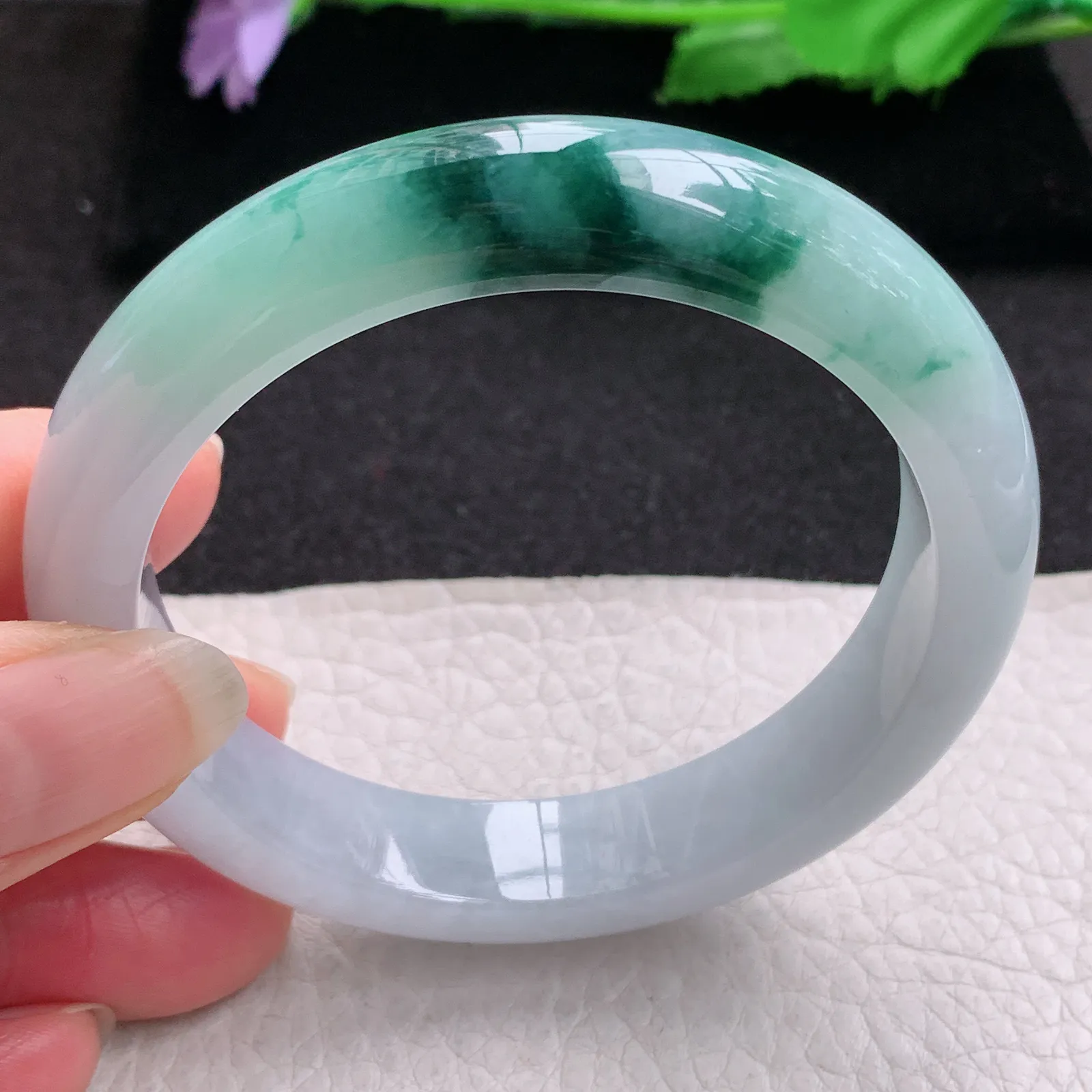 nr实拍56*12.3*8.7平安镯 缅甸翡翠a货玉手镯冰飘花宽边玉手环