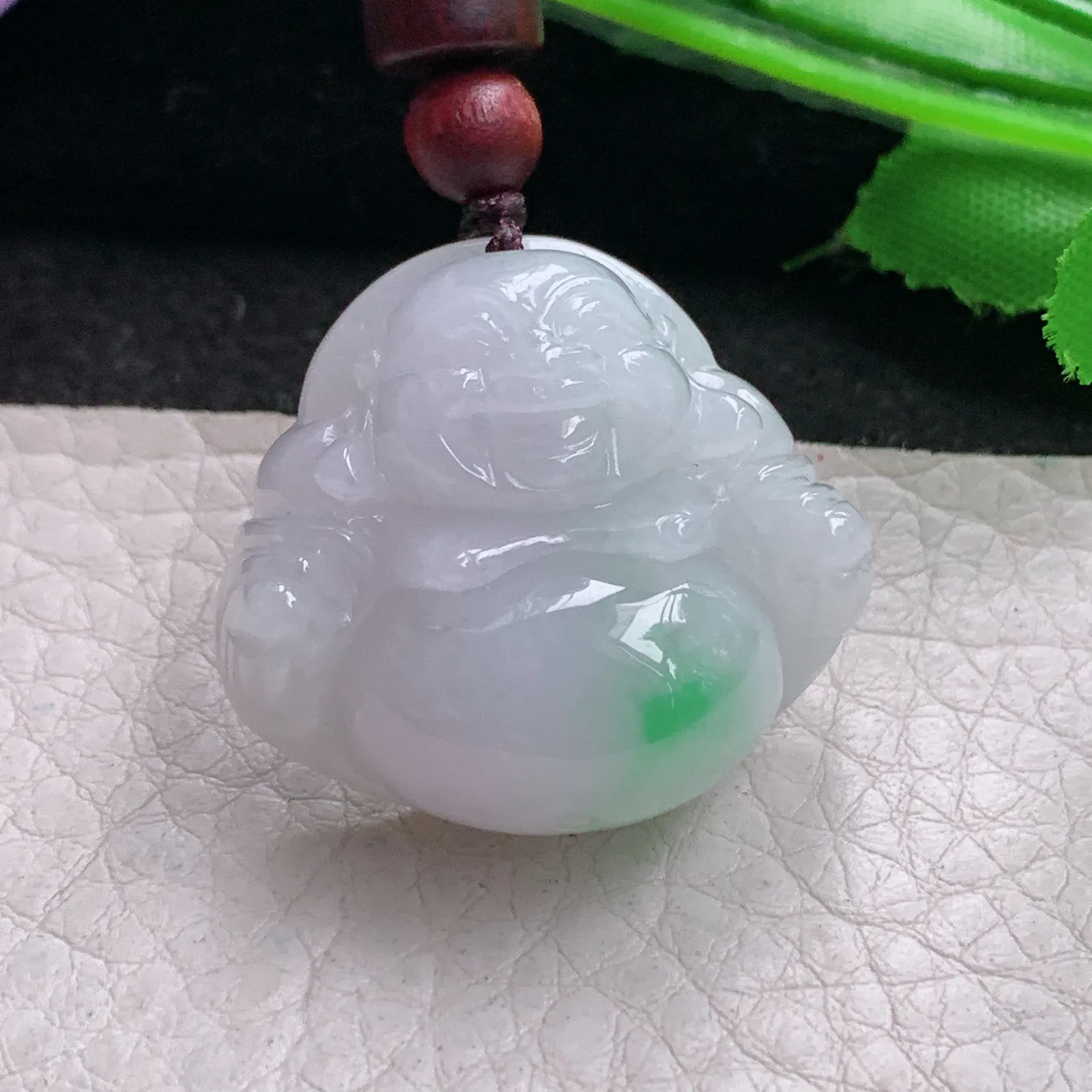 zen实拍27.8*30.5*12.8缅甸翡翠精雕白底青佛公 大肚佛玉项坠 玉挂件