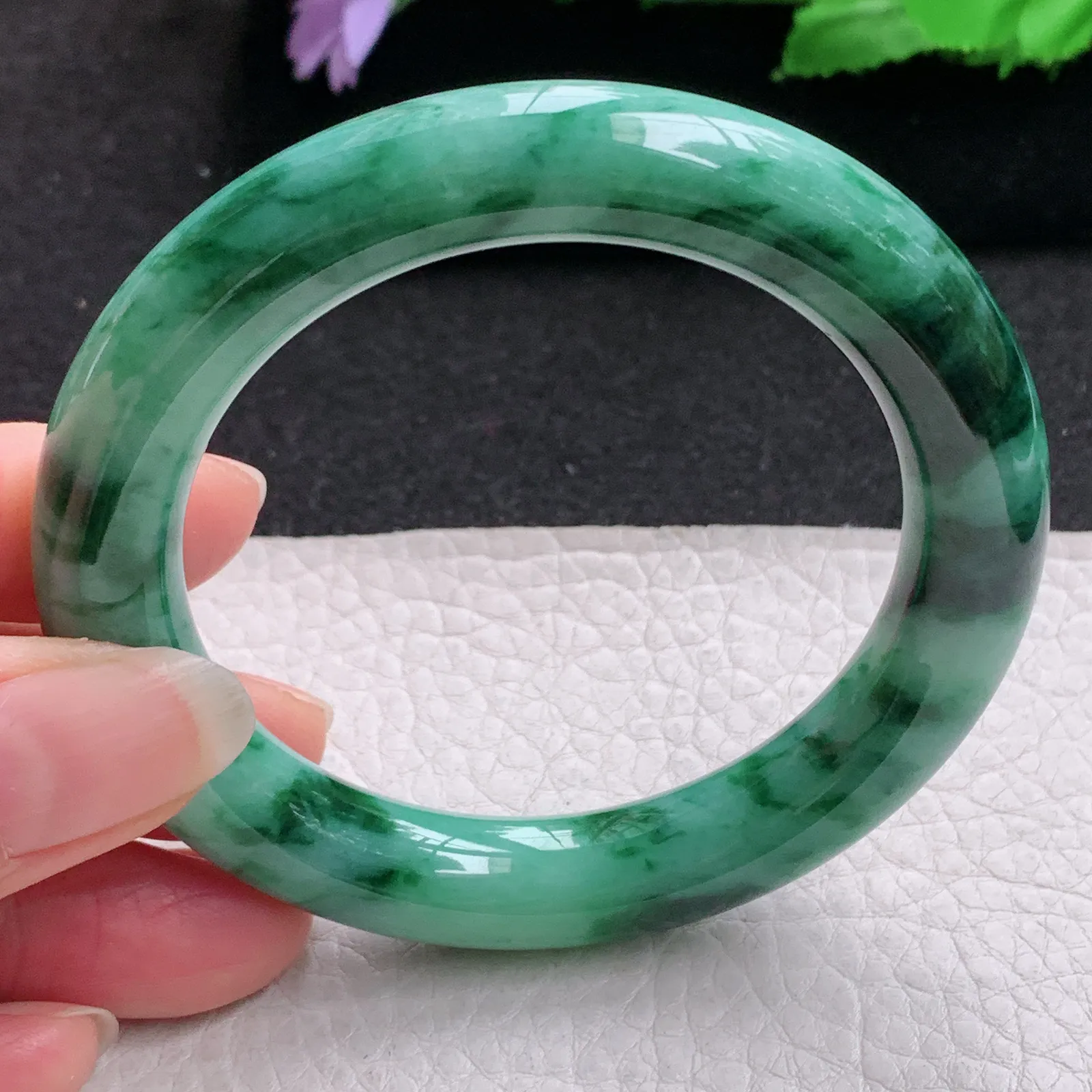 ss实拍54*11*10.6美人镯 缅甸翡翠a货玉手镯飘花圆条玉手环
