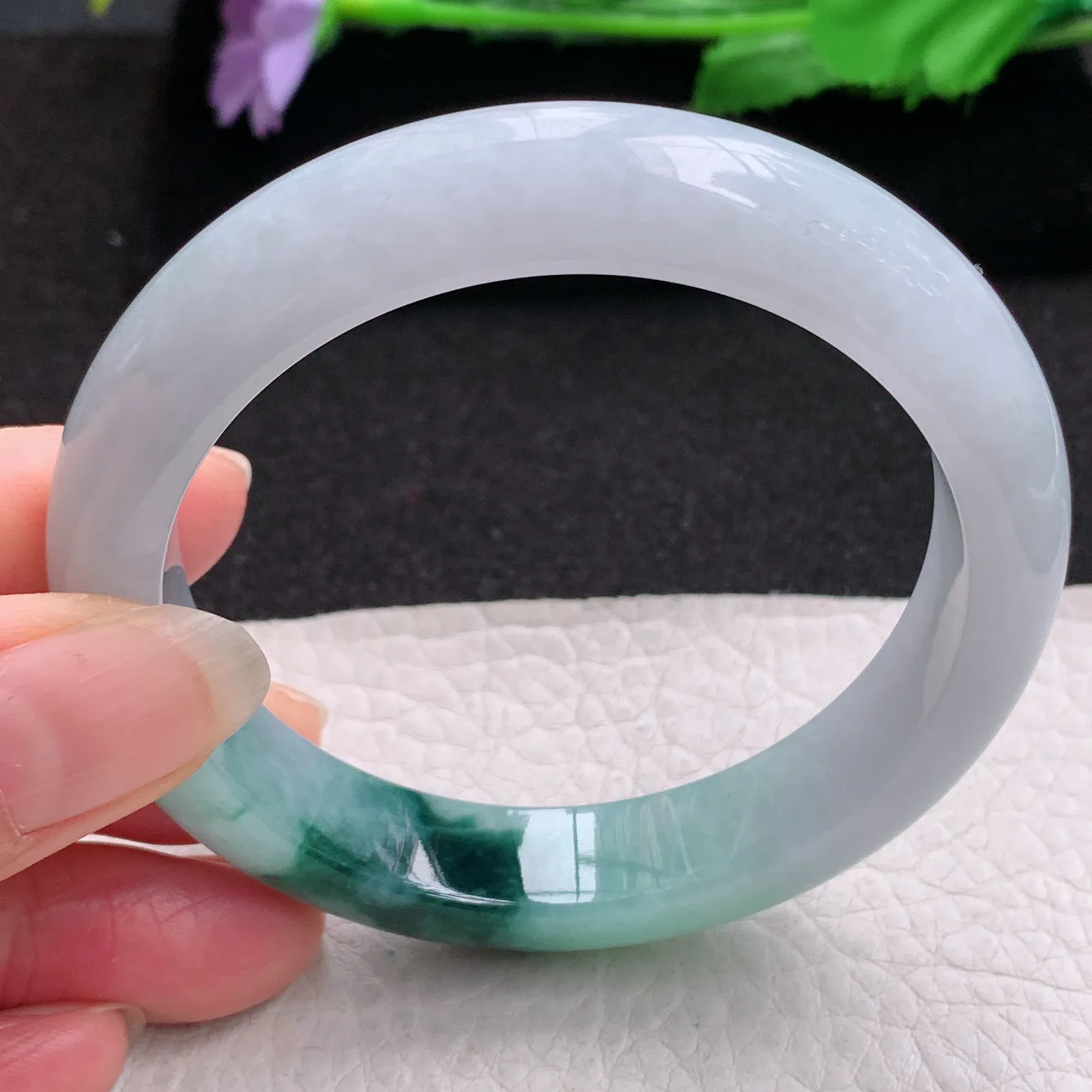 nr实拍56*12.3*8.7平安镯 缅甸翡翠a货玉手镯冰飘花宽边玉手环