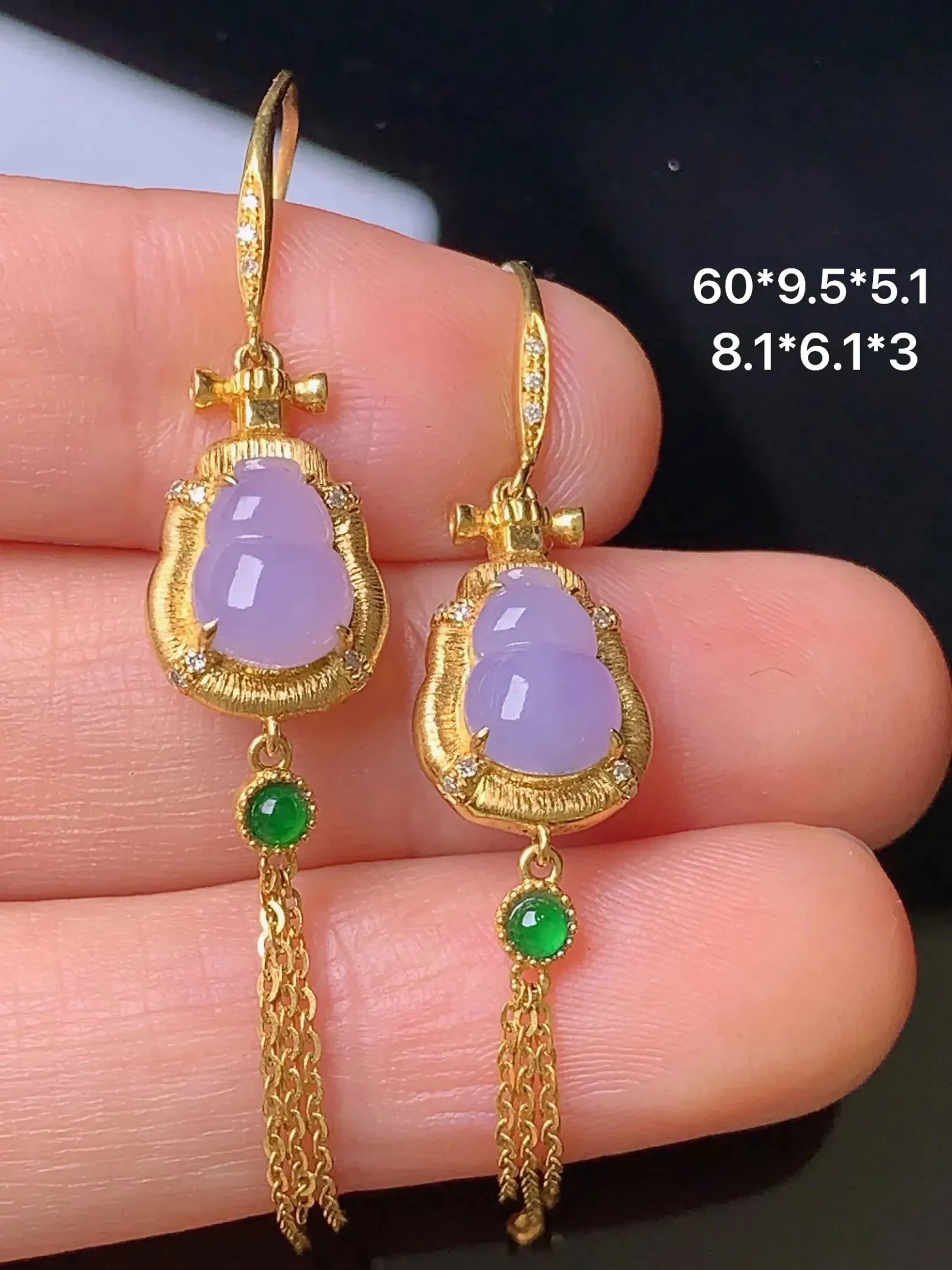 18金钻镶嵌紫罗兰葫芦耳坠 玉质细腻 色泽清新艳丽 整体尺寸60*9.5*5.1