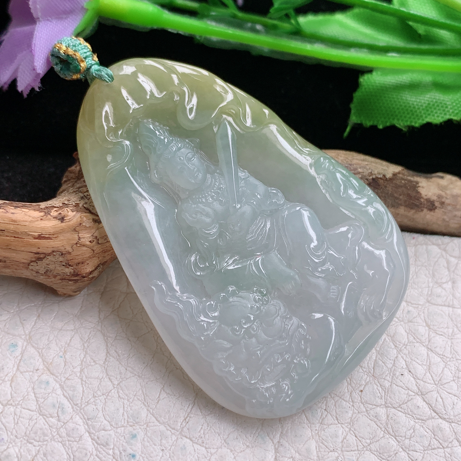 yn实拍53*36.5*5缅甸翡翠精雕佛光普照文殊菩萨玉吊坠 玉挂坠