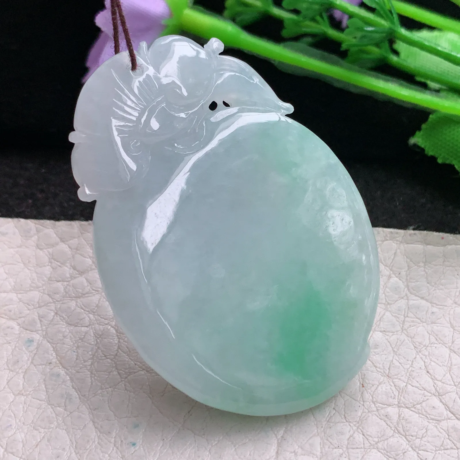 zen实拍51.3*35.5*12.6缅甸翡翠精美飘绿寿桃如意玉 福瓜项坠 玉挂件