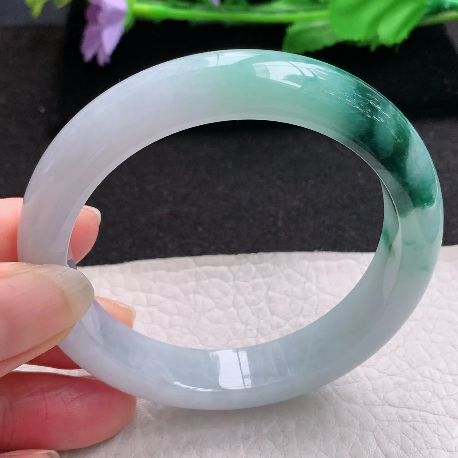 nr实拍56*12.3*8.7平安镯 缅甸翡翠a货玉手镯冰飘花宽边玉手环