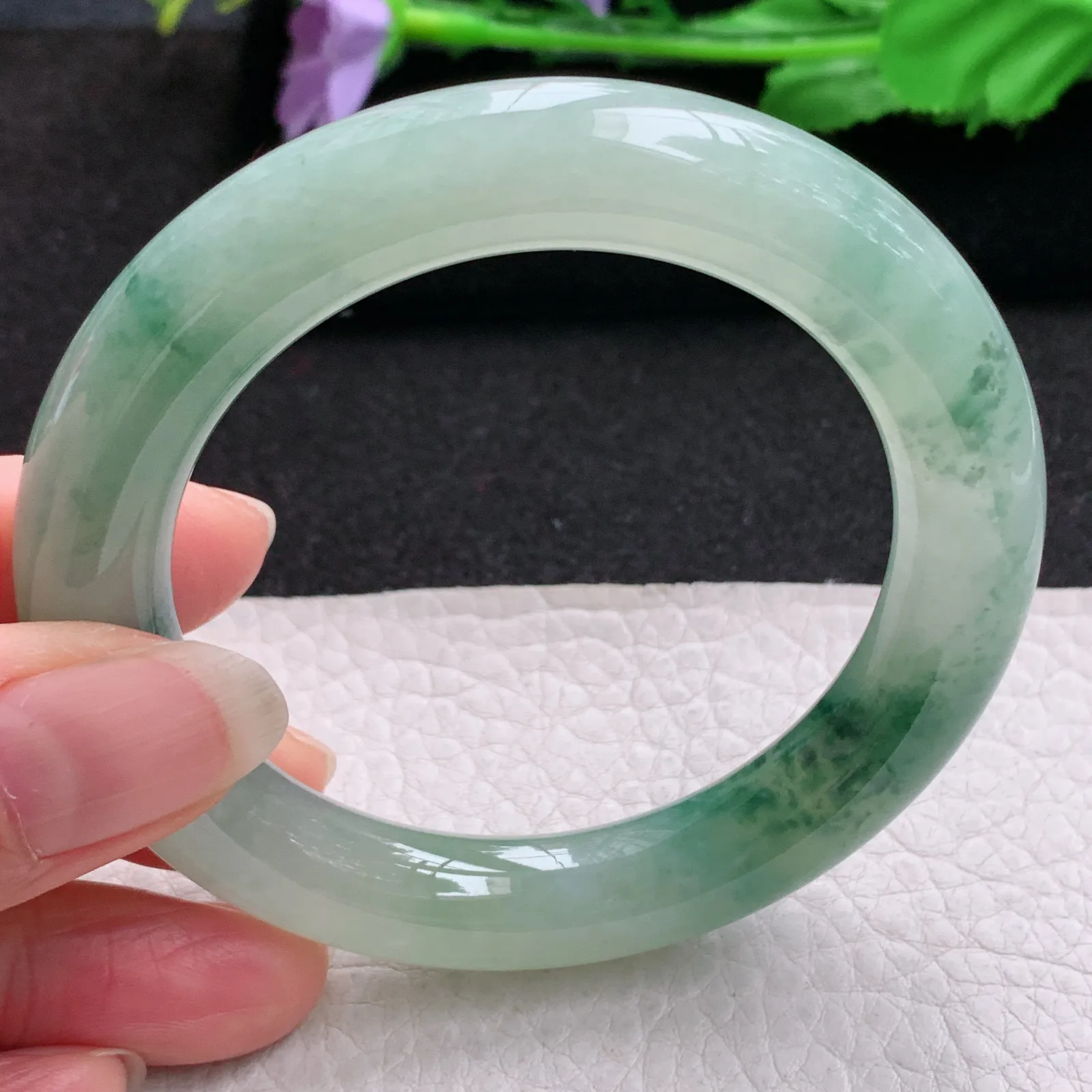 ss实拍54.5*11胖圆镯 缅甸翡翠a货玉手镯冰飘花圆条玉手环