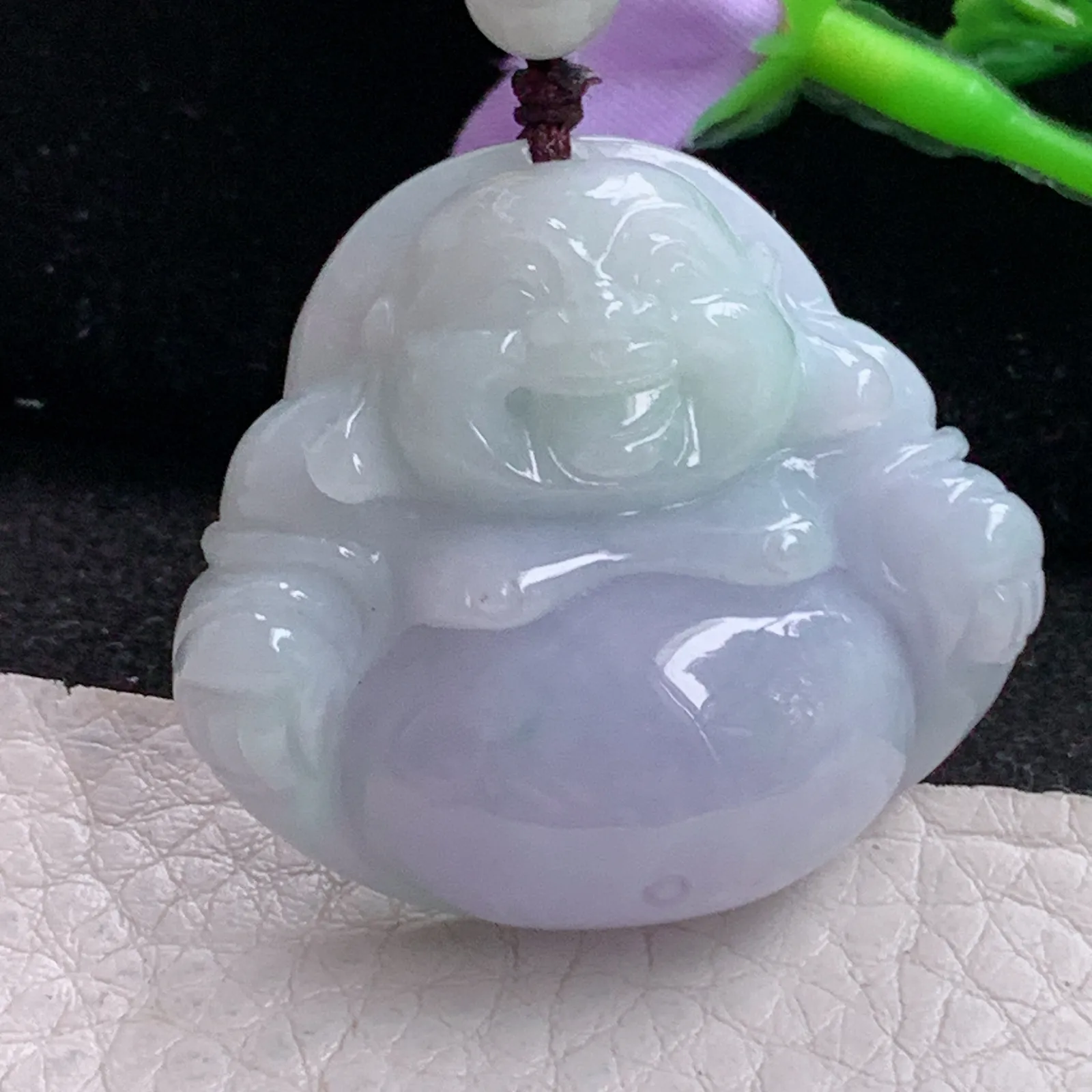 zen实拍33*36.8*11.3缅甸翡翠精美春带彩佛公 弥勒佛玉项坠 玉挂件