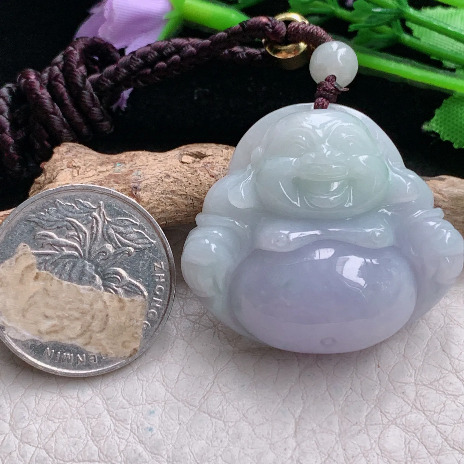 zen实拍33*36.8*11.3缅甸翡翠精美春带彩佛公 弥勒佛玉项坠 玉挂件