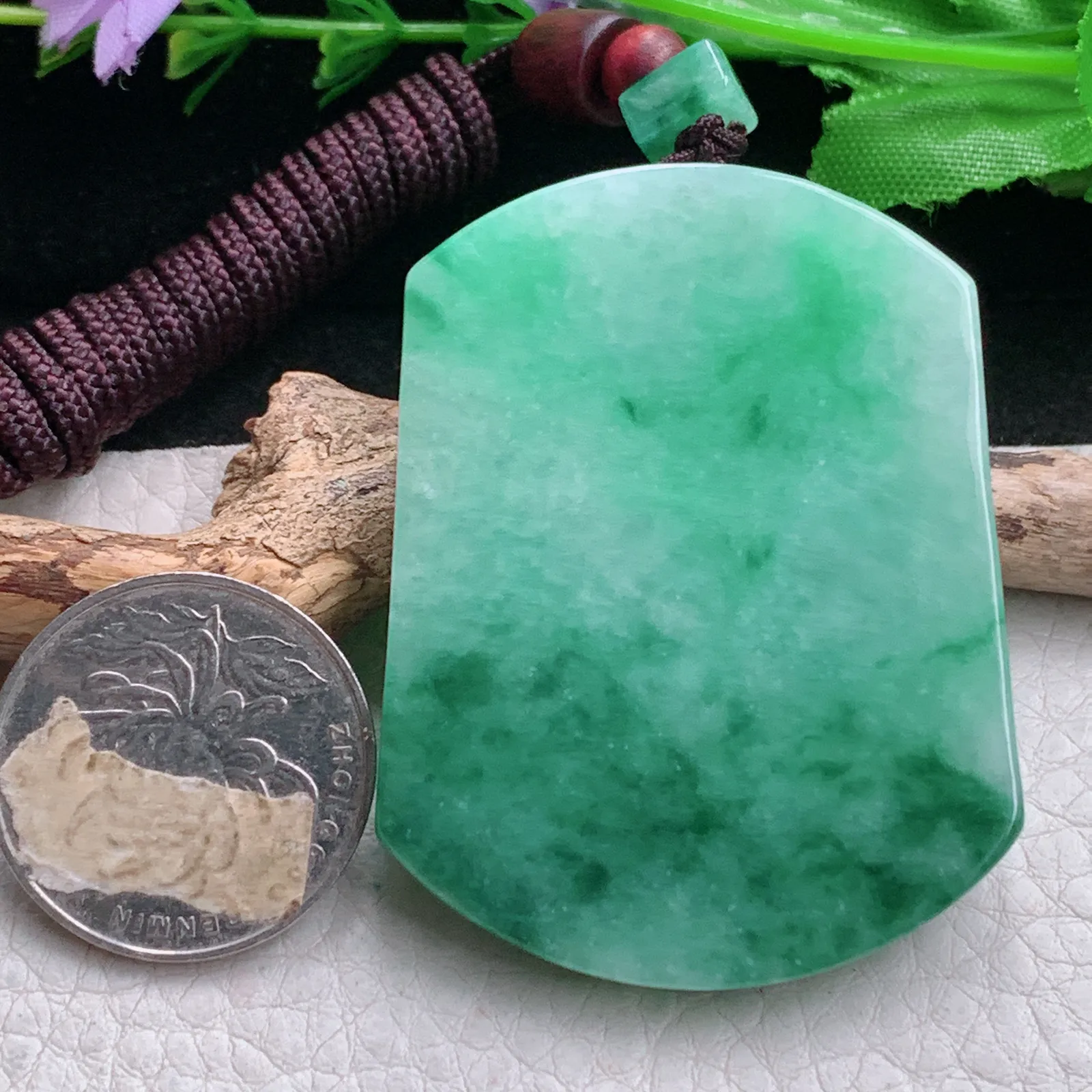 zen实拍54*41.8*5.5缅甸翡翠精美满绿飘花平安无事牌 素面牌玉项坠 玉挂件