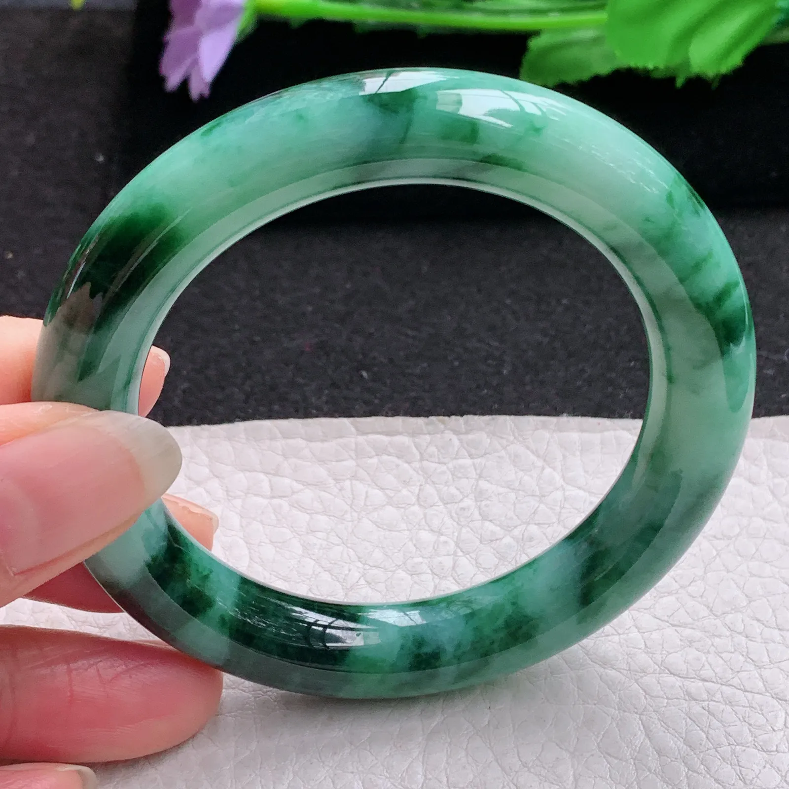 ss实拍54*11*10.6美人镯 缅甸翡翠a货玉手镯飘花圆条玉手环
