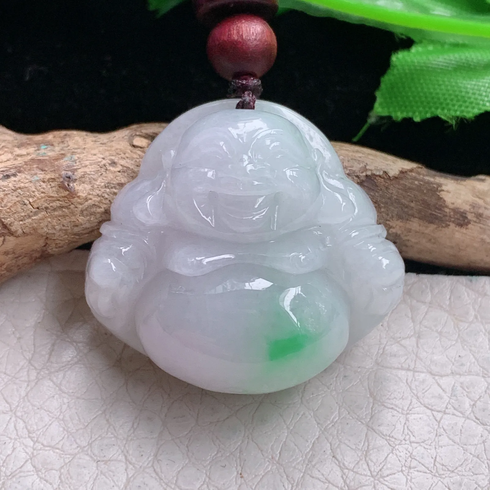 zen实拍27.8*30.5*12.8缅甸翡翠精雕白底青佛公 大肚佛玉项坠 玉挂件