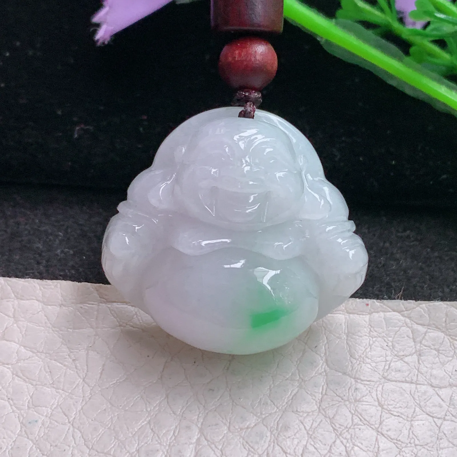 zen实拍27.8*30.5*12.8缅甸翡翠精雕白底青佛公 大肚佛玉项坠 玉挂件