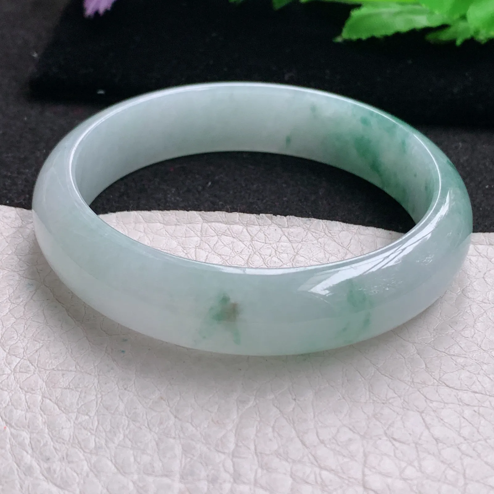 js实拍57.5*14*7平安镯 缅甸翡翠a货精美冰飘花宽边玉手镯 玉手环