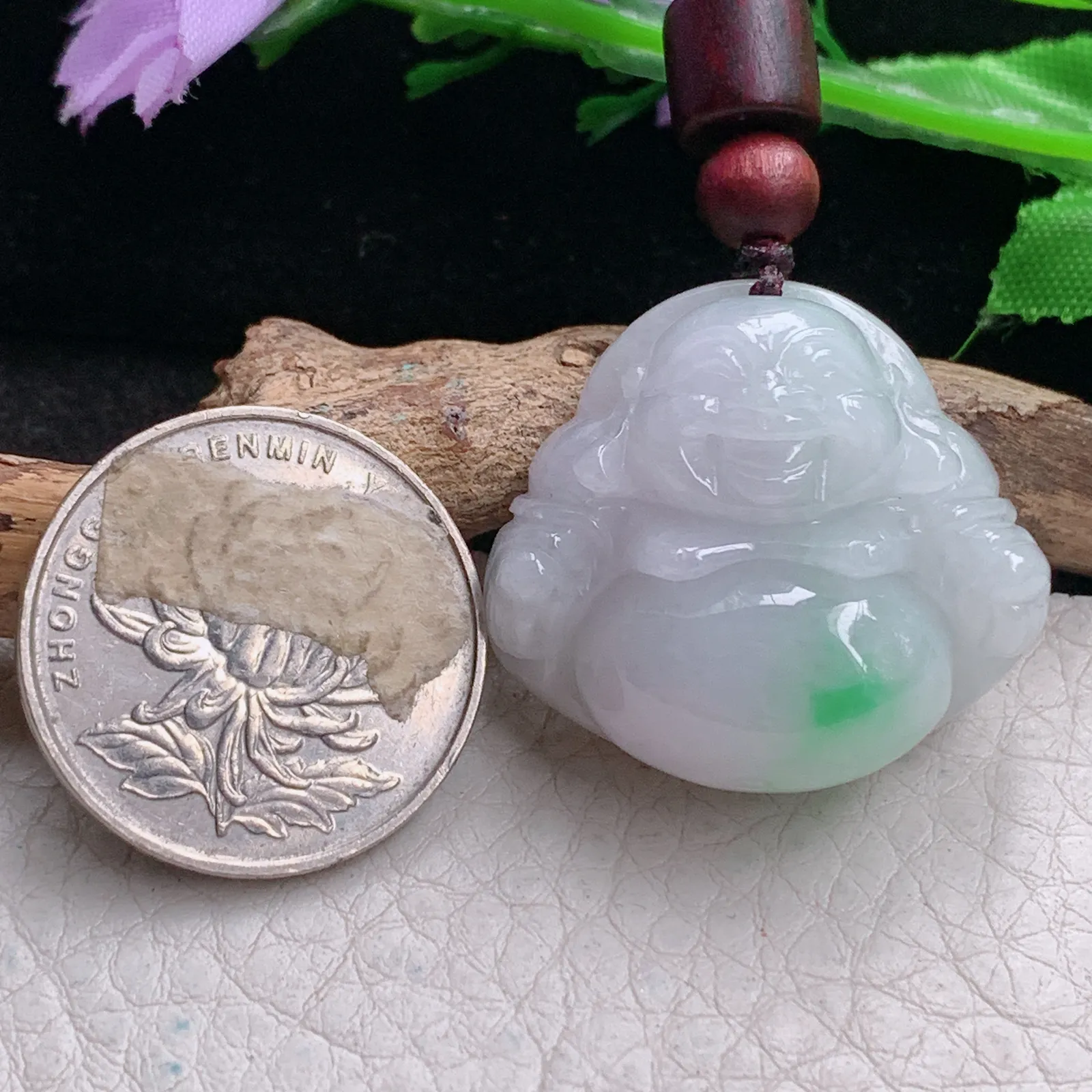 zen实拍27.8*30.5*12.8缅甸翡翠精雕白底青佛公 大肚佛玉项坠 玉挂件