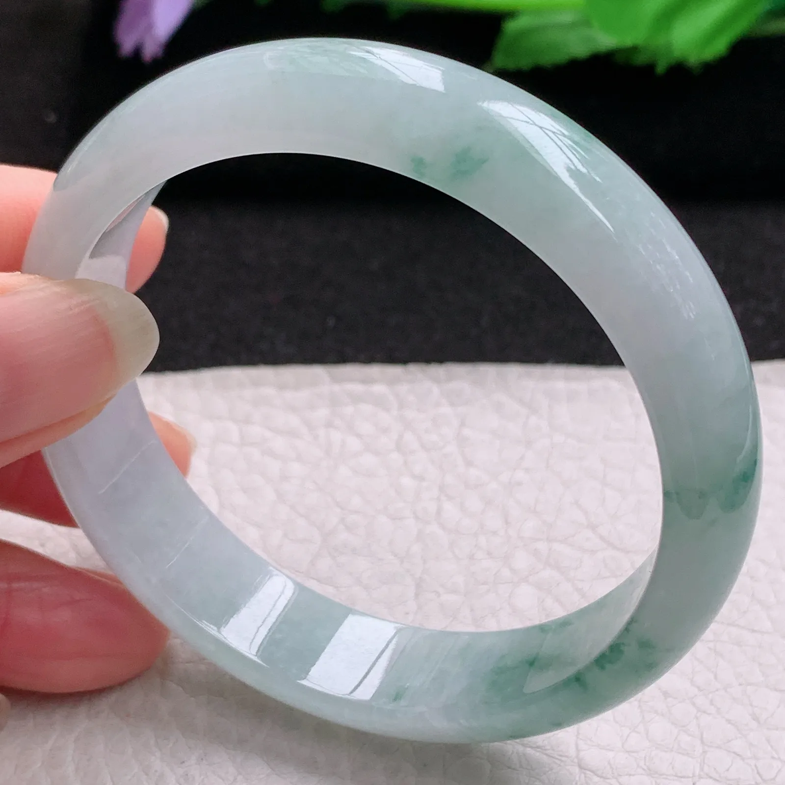 js实拍57.5*14*7平安镯 缅甸翡翠a货精美冰飘花宽边玉手镯 玉手环