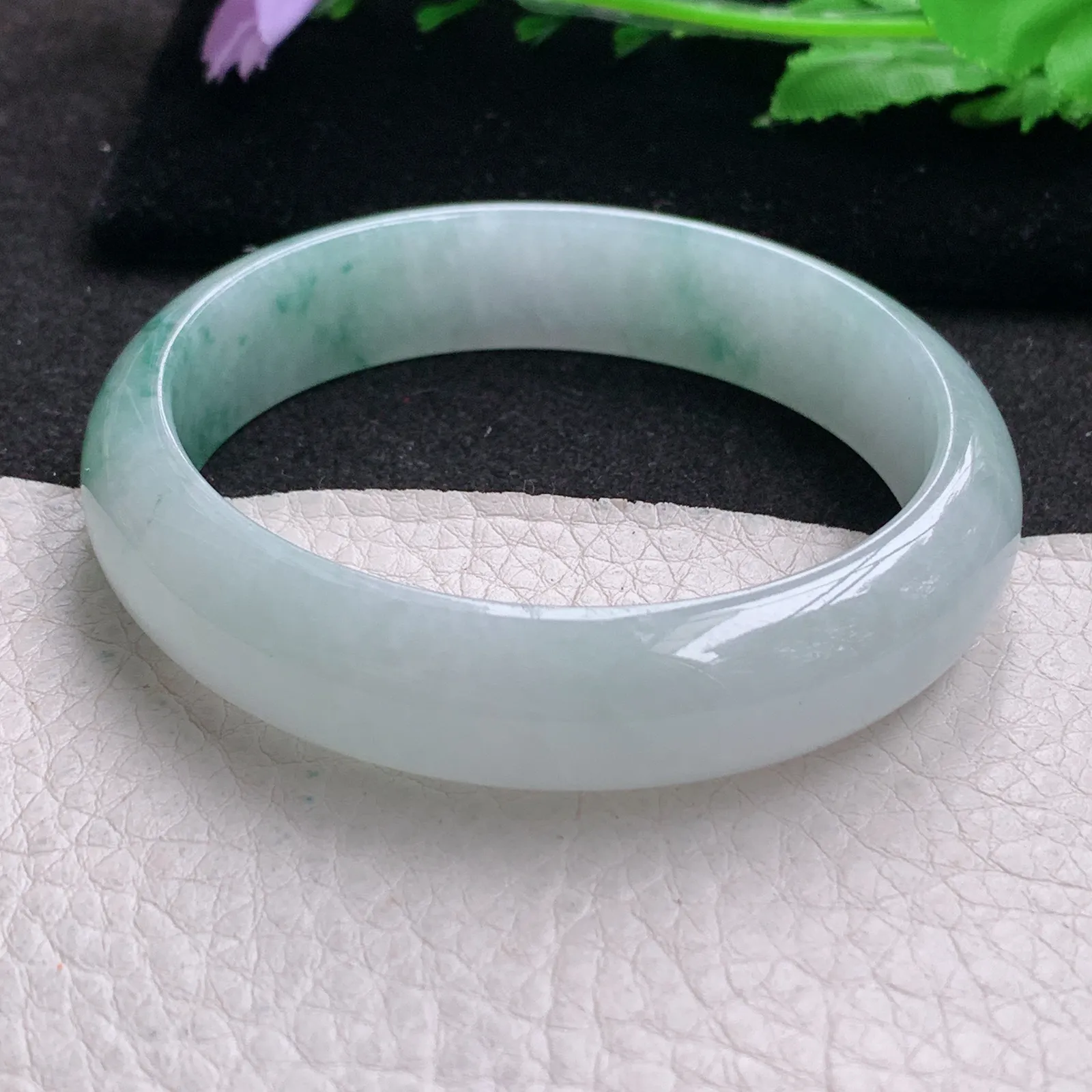 js实拍57.5*14*7平安镯 缅甸翡翠a货精美冰飘花宽边玉手镯 玉手环