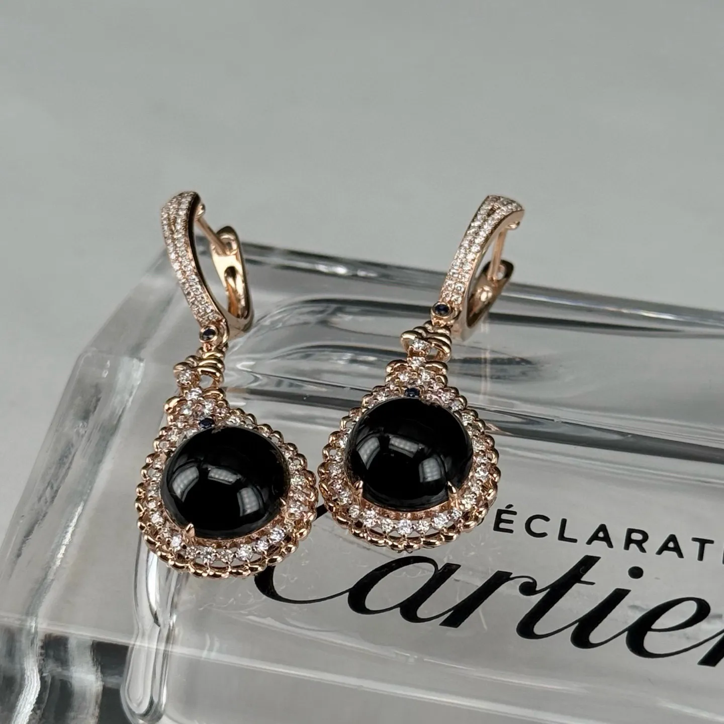 18k墨翠豪镶耳坠 种好色正 黑度极好 打灯通透 油性十足 尺寸10.6