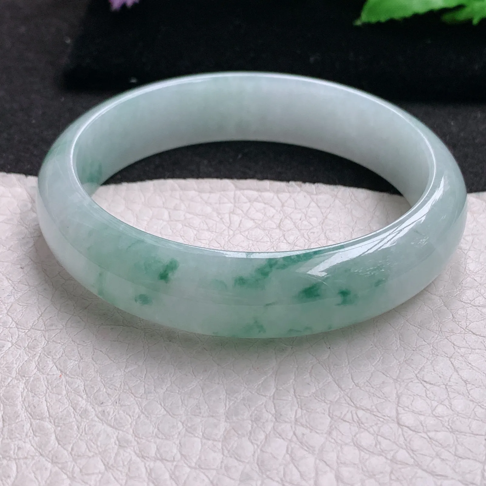 js实拍57.5*14*7平安镯 缅甸翡翠a货精美冰飘花宽边玉手镯 玉手环