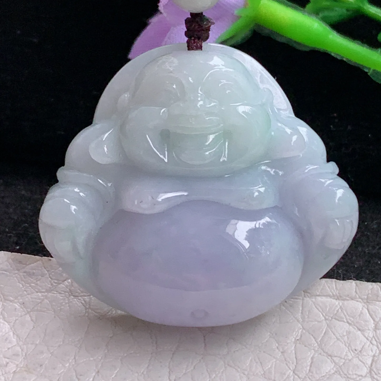 zen实拍33*36.8*11.3缅甸翡翠精美春带彩佛公 弥勒佛玉项坠 玉挂件