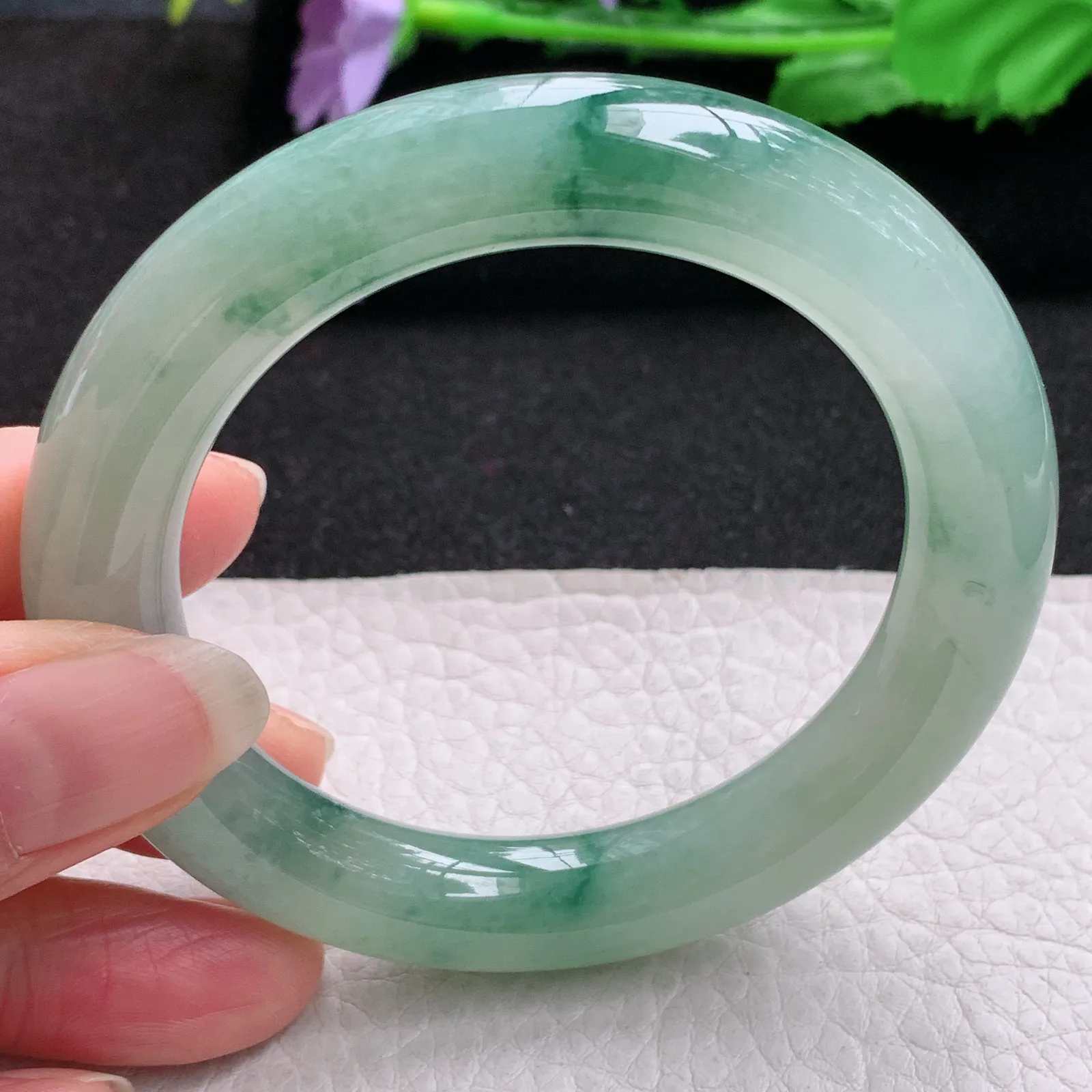 ss实拍54.5*11胖圆镯 缅甸翡翠a货玉手镯冰飘花圆条玉手环