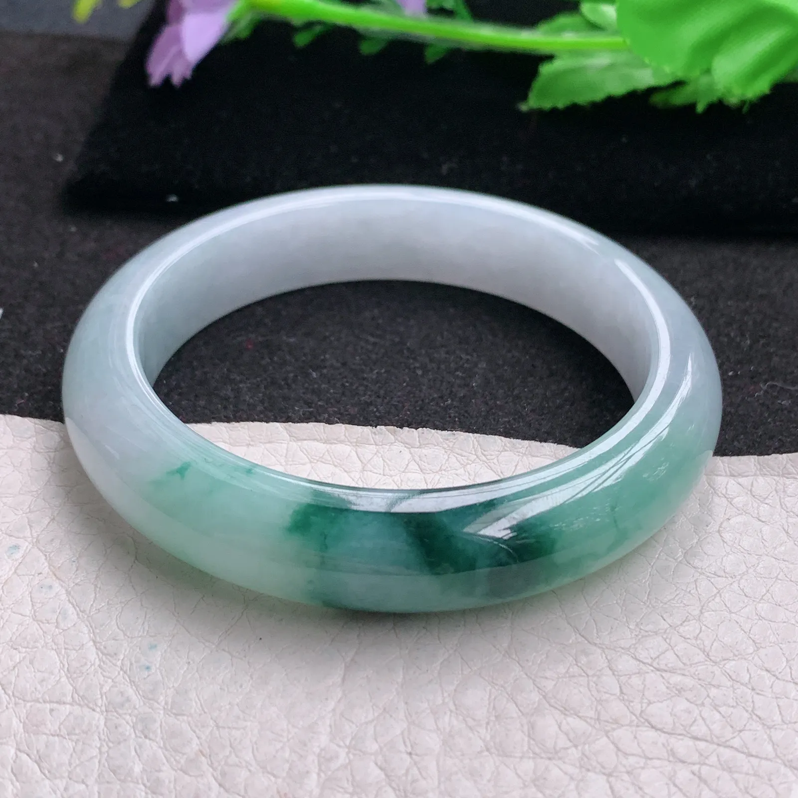 nr实拍56*12.3*8.7平安镯 缅甸翡翠a货玉手镯冰飘花宽边玉手环