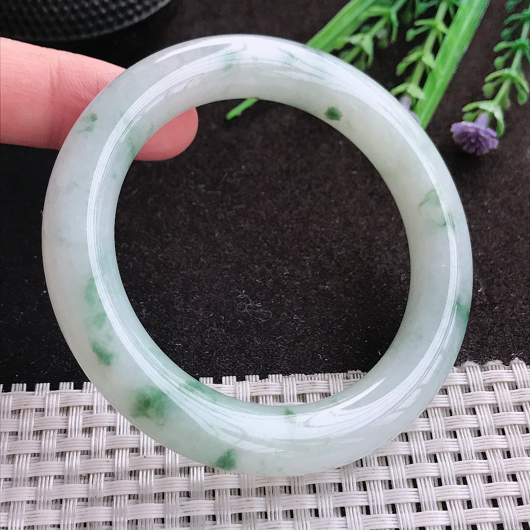 实拍A货翡翠54/10.7老坑冰润起胶飘花胖圆条手镯翡翠玉镯子