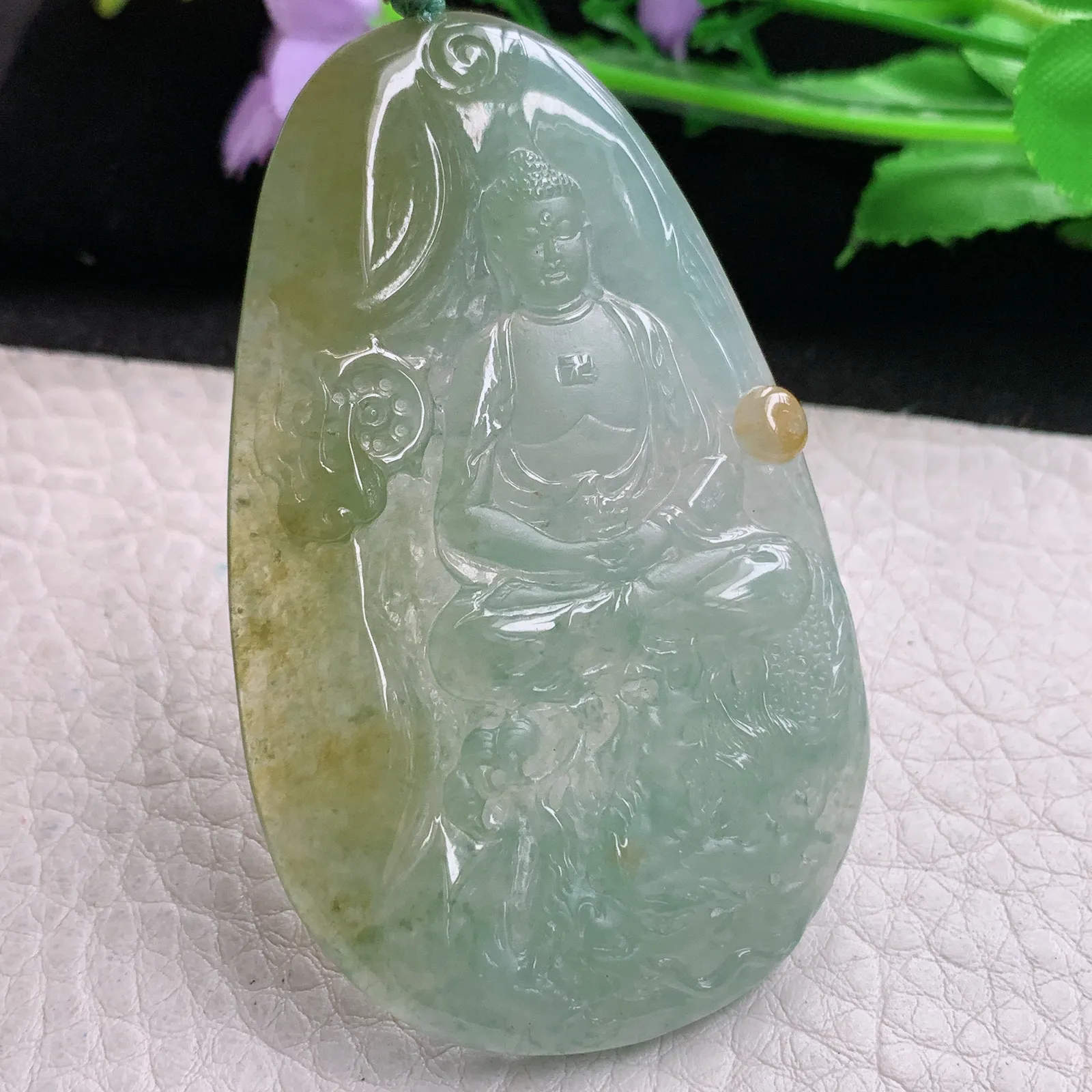 yn实拍65.8*40.3*5.6缅甸翡翠精雕冰双彩御龙佛祖 佛主玉吊坠 玉挂坠