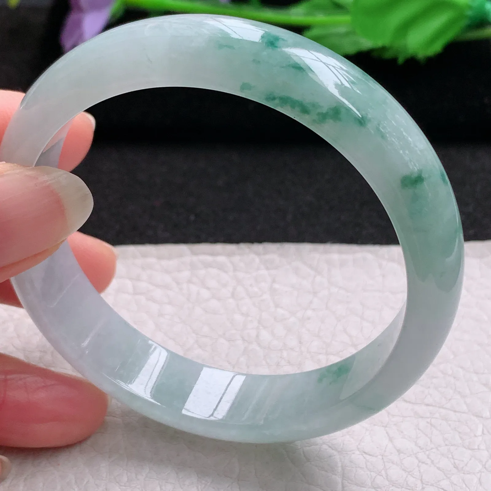 js实拍57.5*14*7平安镯 缅甸翡翠a货精美冰飘花宽边玉手镯 玉手环