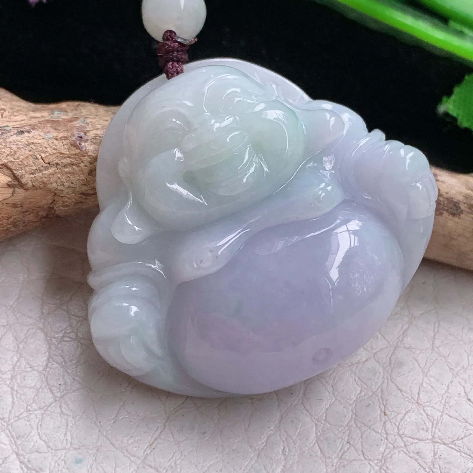 zen实拍33*36.8*11.3缅甸翡翠精美春带彩佛公 弥勒佛玉项坠 玉挂件