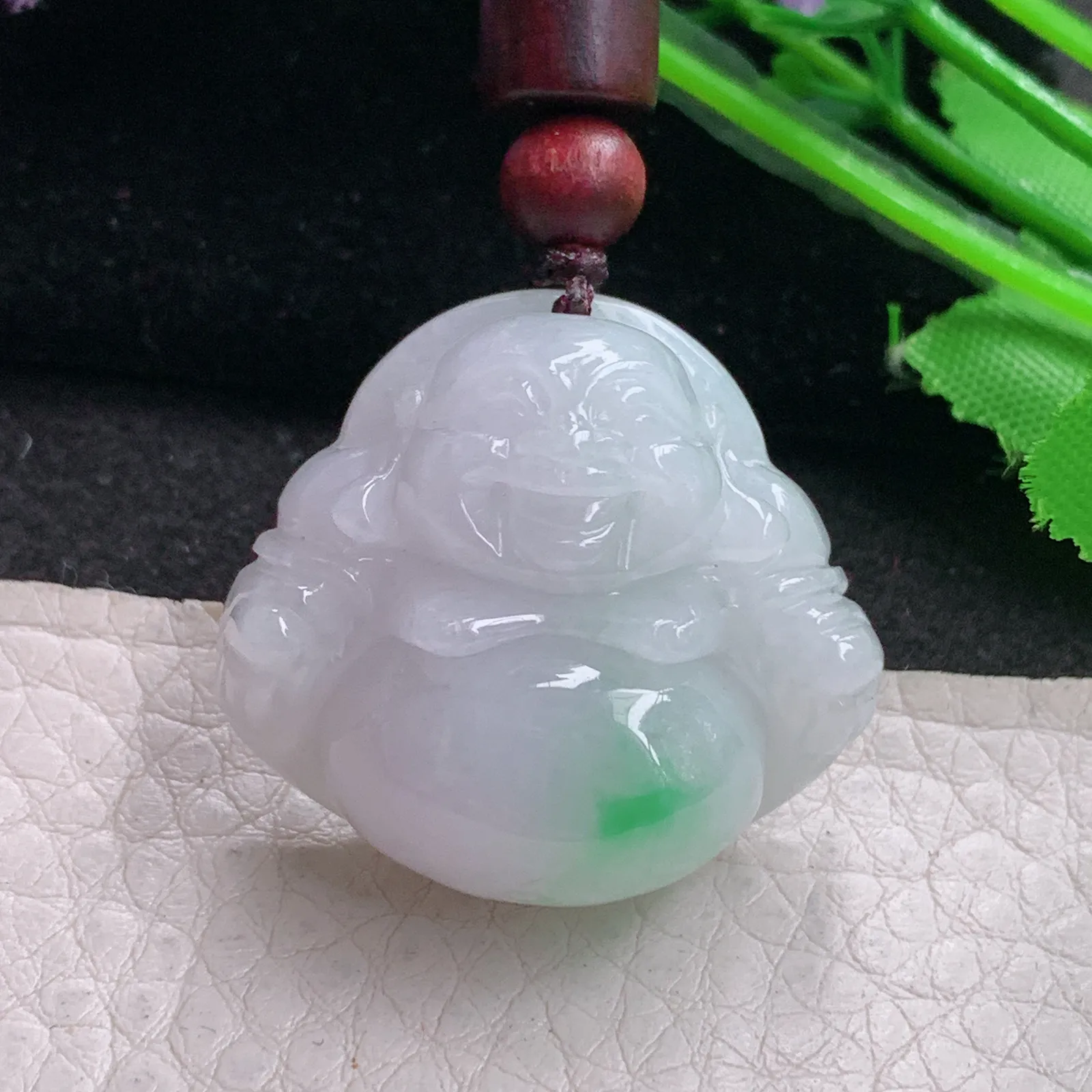 zen实拍27.8*30.5*12.8缅甸翡翠精雕白底青佛公 大肚佛玉项坠 玉挂件