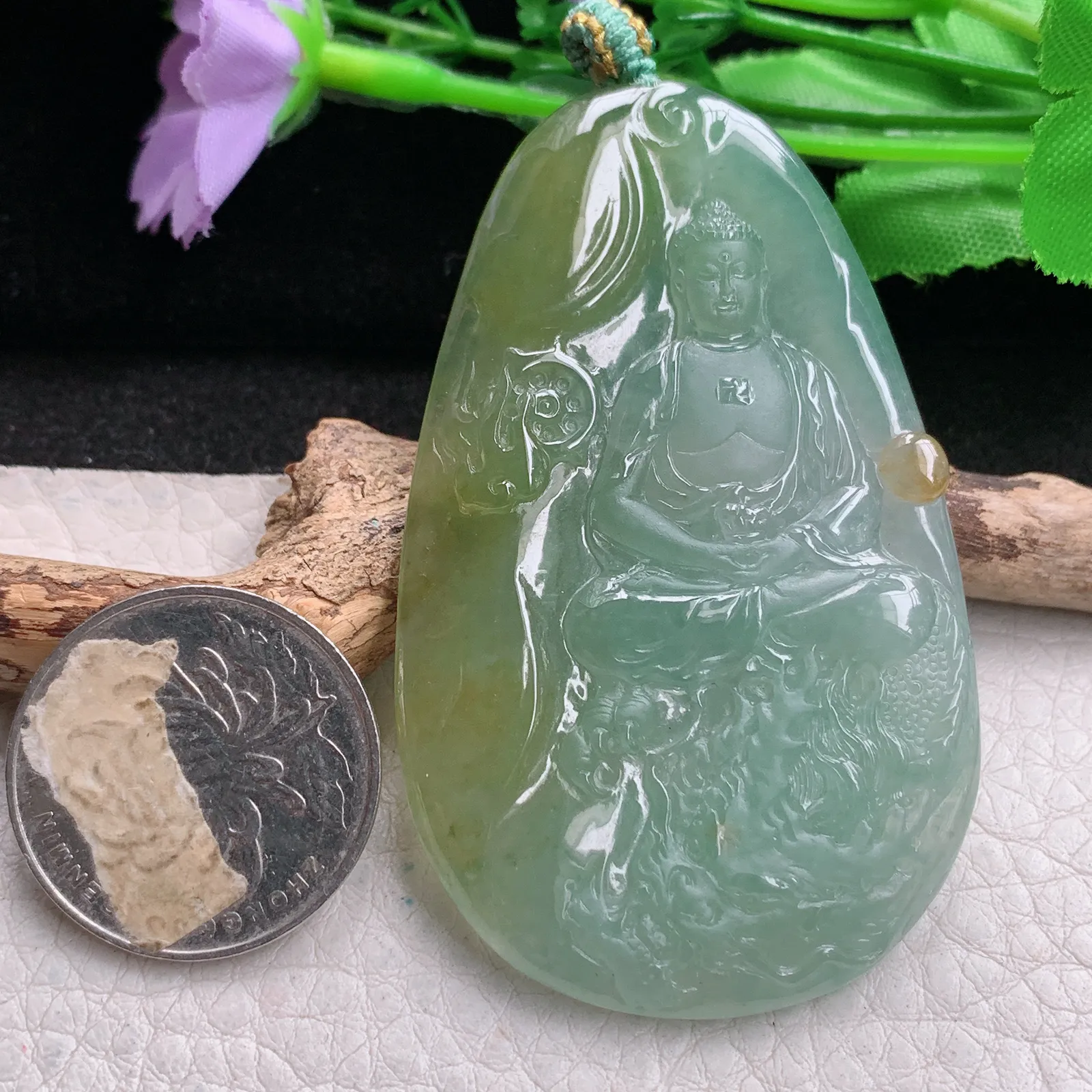 yn实拍65.8*40.3*5.6缅甸翡翠精雕冰双彩御龙佛祖 佛主玉吊坠 玉挂坠