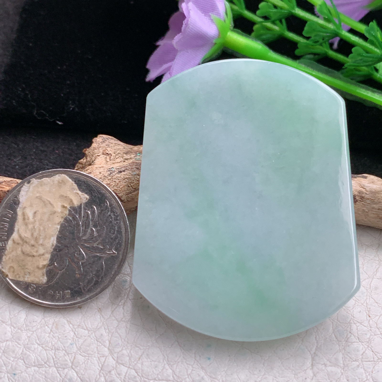 zen实拍52*40.5*5.5缅甸翡翠精美清新平安无事牌 素面牌玉项坠 玉挂件