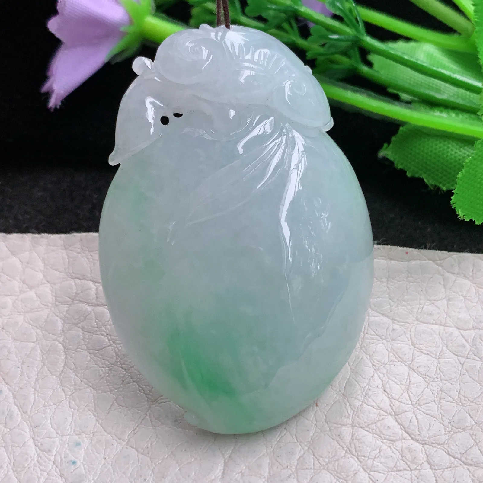 zen实拍51.3*35.5*12.6缅甸翡翠精美飘绿寿桃如意玉 福瓜项坠 玉挂件