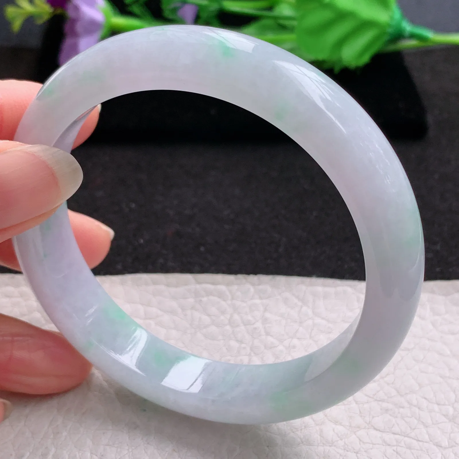 xd大圈口61*13*8.5平安镯 缅甸翡翠a货玉手镯淡春带彩宽边玉手环