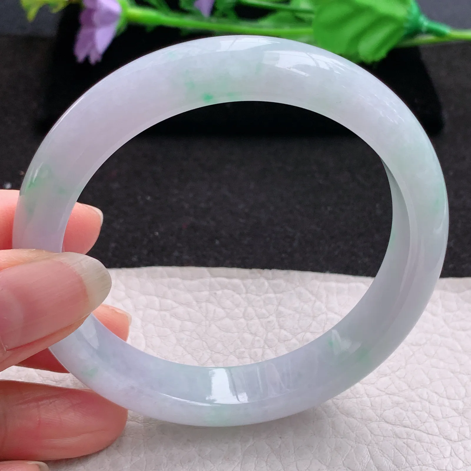 xd大圈口61*13*8.5平安镯 缅甸翡翠a货玉手镯淡春带彩宽边玉手环