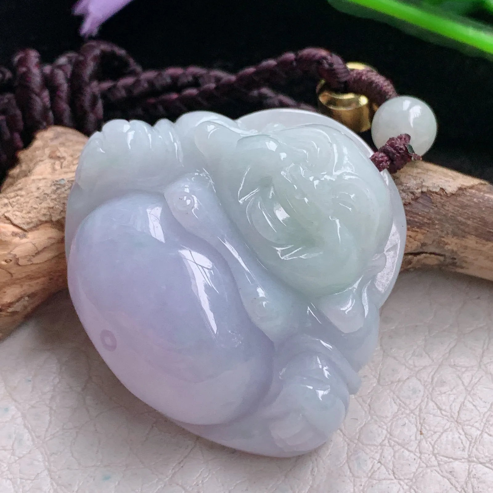 zen实拍33*36.8*11.3缅甸翡翠精美春带彩佛公 弥勒佛玉项坠 玉挂件