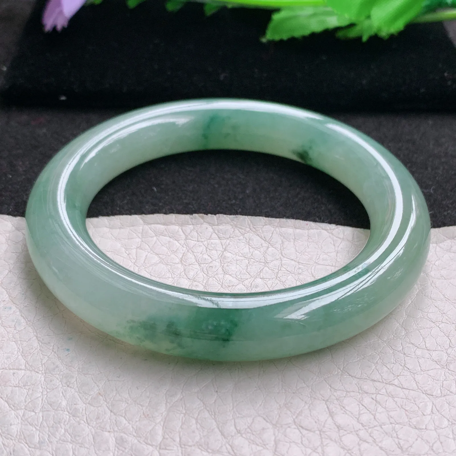 ss实拍54.5*11胖圆镯 缅甸翡翠a货玉手镯冰飘花圆条玉手环