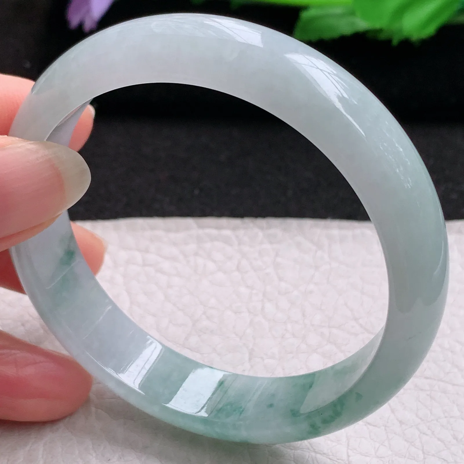 js实拍57.5*14*7平安镯 缅甸翡翠a货精美冰飘花宽边玉手镯 玉手环