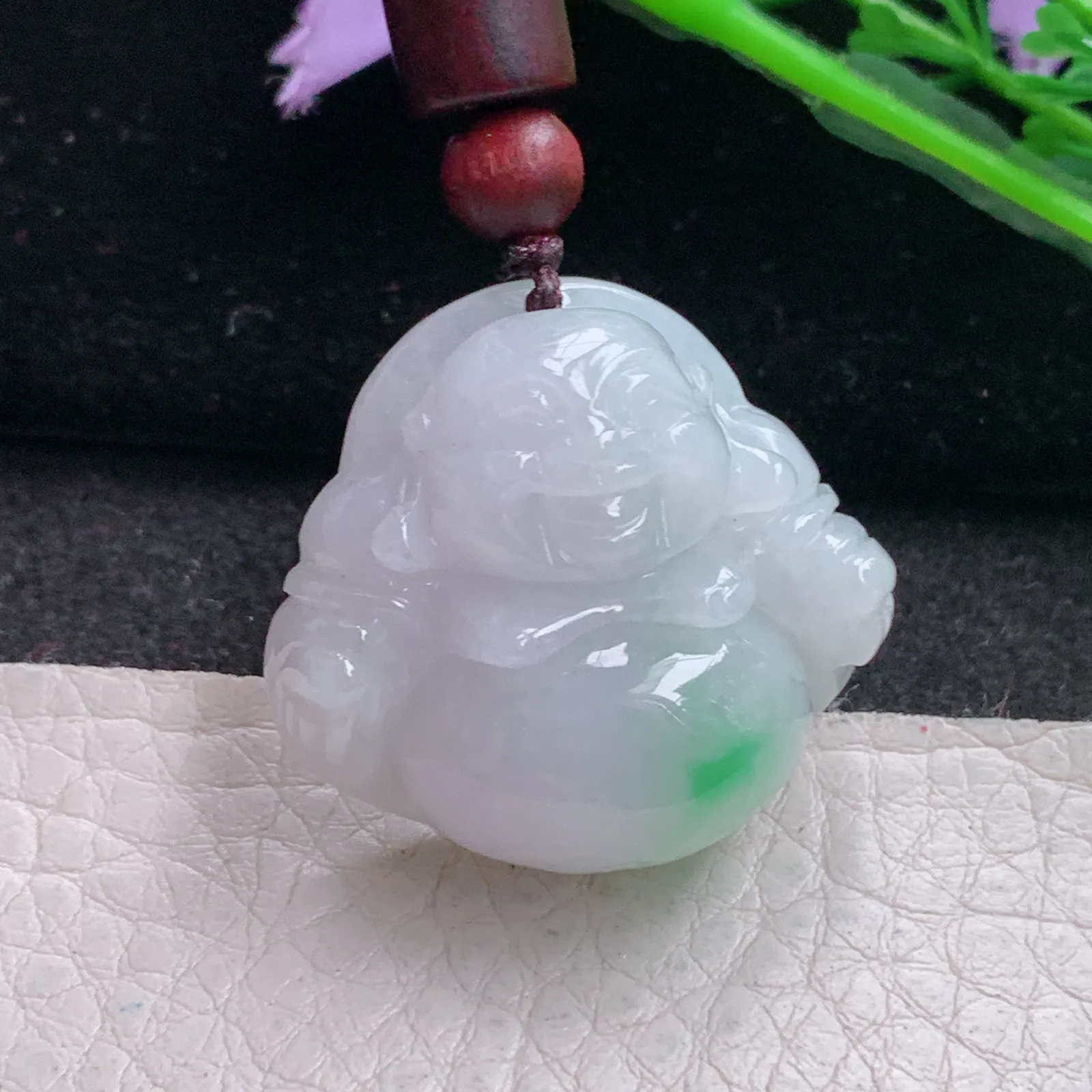 zen实拍27.8*30.5*12.8缅甸翡翠精雕白底青佛公 大肚佛玉项坠 玉挂件